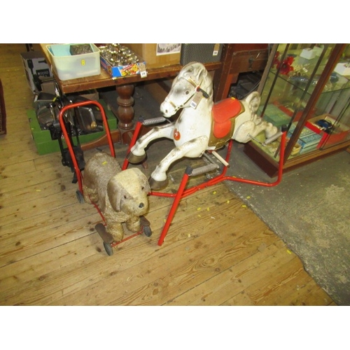VINTAGE SPRING MOUNTED ROCKING HORSE AND PUSH ALONG DOG