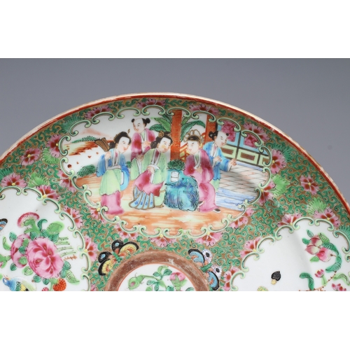 1 - A SET OF FOUR CANTONESE PORCELAIN FAMILLE ROSE PLATES painted with four panels of figures and birds ... 