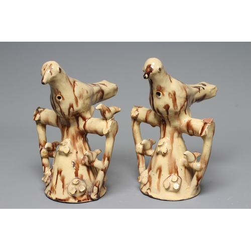 21 - A PAIR OF EARLY VICTORIAN LARGE HALIFAX TERRACOTTA BIRD WHISTLES, the expectant birds each perched u... 