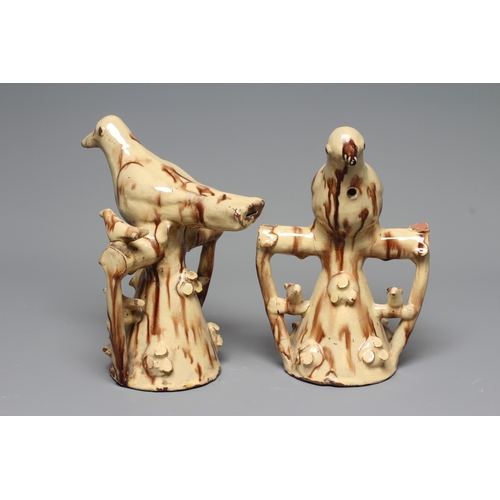 21 - A PAIR OF EARLY VICTORIAN LARGE HALIFAX TERRACOTTA BIRD WHISTLES, the expectant birds each perched u... 