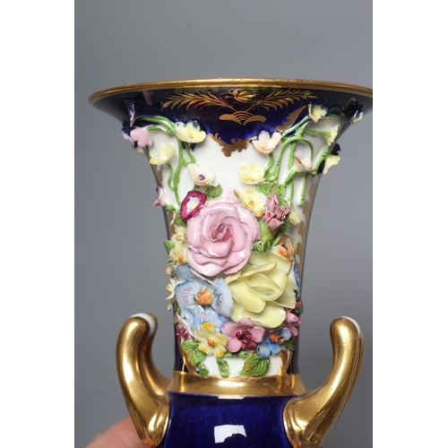 31 - A PAIR OF BLOOR DERBY PORCELAIN SMALL CAMPANA URNS encrusted with flowers on a gilt highlighted coba... 