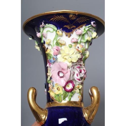 31 - A PAIR OF BLOOR DERBY PORCELAIN SMALL CAMPANA URNS encrusted with flowers on a gilt highlighted coba... 