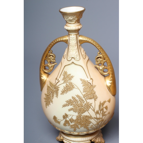 39 - A PAIR OF ROYAL WORCESTER VASES, 1892, of flattened ovoid form with buttress handles, decorated in r... 