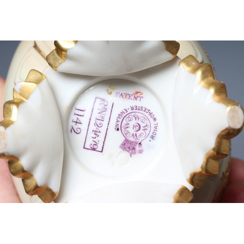 39 - A PAIR OF ROYAL WORCESTER VASES, 1892, of flattened ovoid form with buttress handles, decorated in r... 