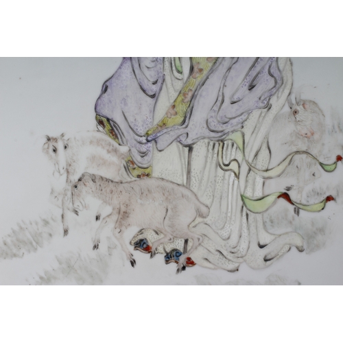 4 - A CHINESE PORCELAIN OBLONG PLAQUE, on glaze painted in pastel shades with a vignette of an aged trav... 