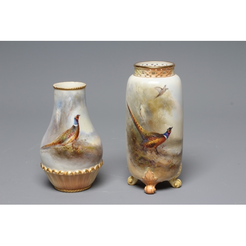 40 - A ROYAL WORCESTER SMALL VASE, 1913, of baluster form with basket weave moulded lower section, painte... 