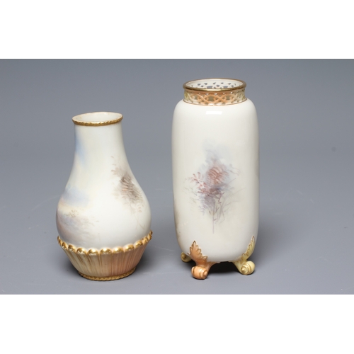 40 - A ROYAL WORCESTER SMALL VASE, 1913, of baluster form with basket weave moulded lower section, painte... 