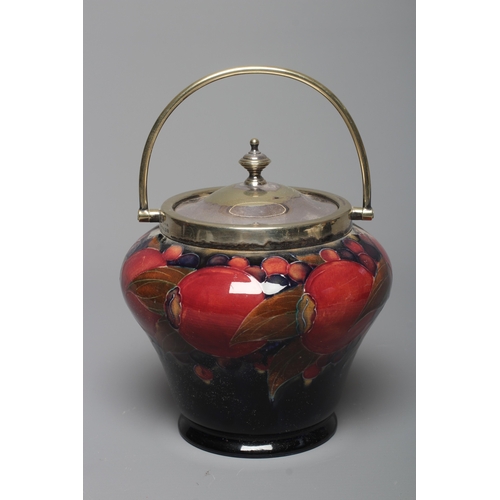 50 - A MOORCROFT POMEGRANATE BISCUIT BARREL, early 20th century, of inverted baluster form with EPNS moun... 