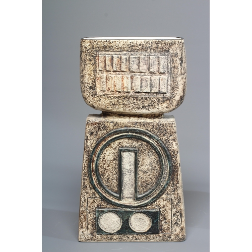 59 - A LARGE TROIKA DOUBLE BASE VASE BY ANNE LEWIS typically decorated in shades of brown and blue with a... 