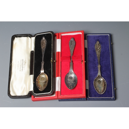 107 - THREE SILVER BIRTH RECORD PRESENTATION SPOONS, one by Laurence R Watson & Co., Birmingham 1957, one ... 