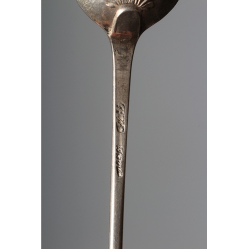 141 - A GEORGE III SILVER SHELL BACK MOTE SPOON by James Wilkes, maker's mark stamped twice only, with arr... 