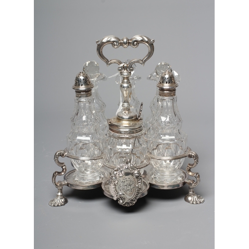 142 - A VICTORIAN OLD SHEFFIELD PLATE WARWICK CRUET, apparently unmarked, of typical form, the rococo cart... 