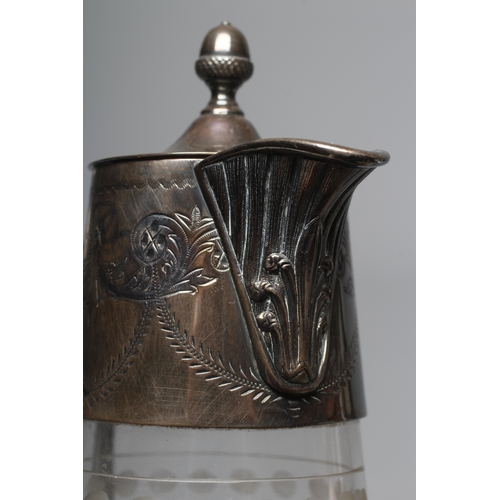 146 - A VICTORIAN SILVER MOUNTED GLASS CLARET JUG by Hukin & Heath, Birmingham 1882, the clear tapering cy... 