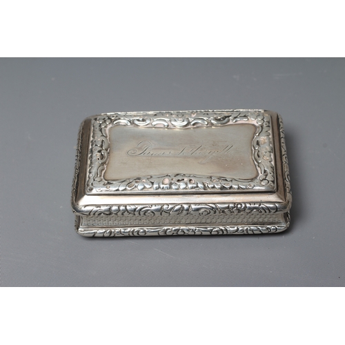 147 - A WILLIAM IV SILVER TABLE SNUFF BOX by Nathaniel Mills, Birmingham 1834, of rounded oblong form with... 