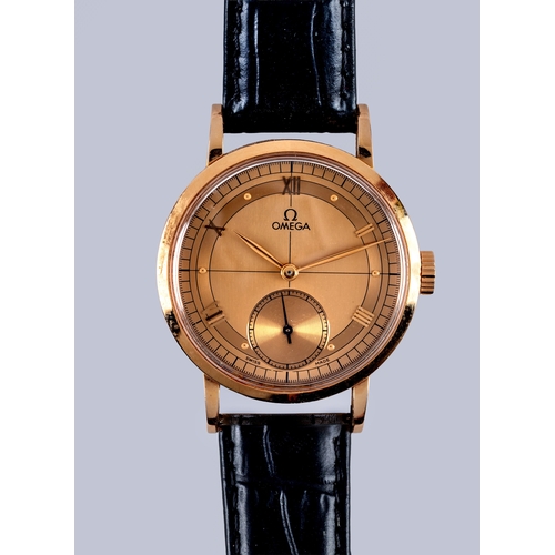 202 - A GENTLEMAN'S 18CT ROSE GOLD LIMITED EDITION OMEGA WRISTWATCH, the champagne cross hair dial with ap... 