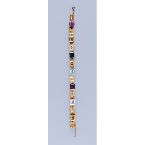 295 - A MULTI-GEM BRACELET claw set with seven square facet cut stones, comprising an amethyst, aquamarine... 