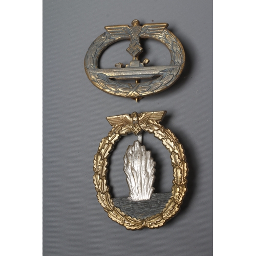 395 - TWO GERMAN THIRD REICH KRIEGSMARINE BADGES, comprising a U-Boat badge by Friedrich Orth, and a Mines... 