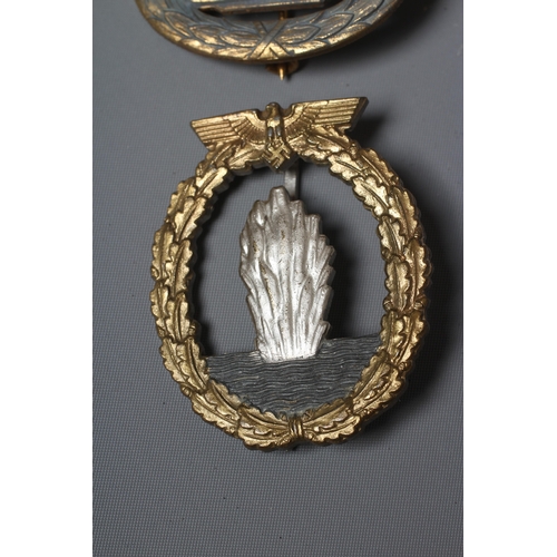 395 - TWO GERMAN THIRD REICH KRIEGSMARINE BADGES, comprising a U-Boat badge by Friedrich Orth, and a Mines... 