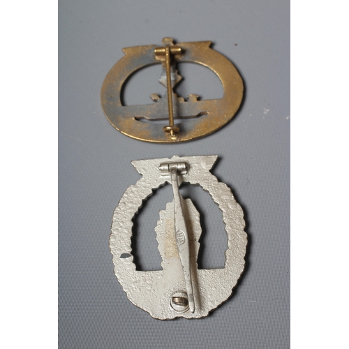 395 - TWO GERMAN THIRD REICH KRIEGSMARINE BADGES, comprising a U-Boat badge by Friedrich Orth, and a Mines... 