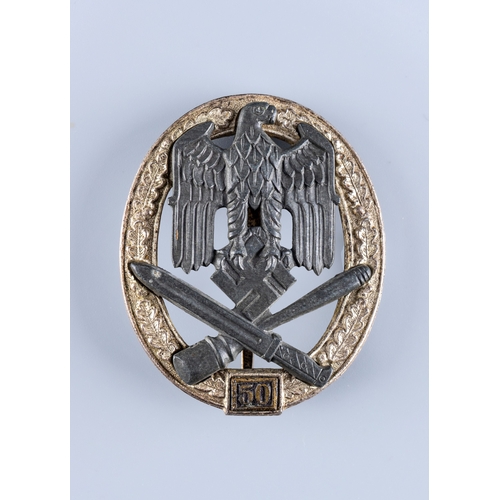 405 - A GERMAN THIRD REICH ASSAULT BADGE FOR 50 ENGAGEMENTS with JFS maker's marks, and vertical pin with ... 