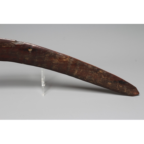 418 - AN ANTIQUE ABORIGNAL BOOMERANG of classic crescent shape, with pointed tips and carved decoration to... 