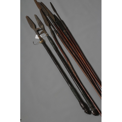 419 - EIGHT AFRICAN SPEARS, comprising six throwing spears, and two thrusting spears with hooked blades, w... 