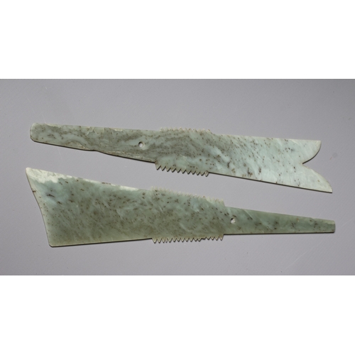 424 - TWO CHINESE CEREMONIAL NEPHRITE JADE BLADES, yazhang style, both with shaped tips, serrated blades t... 