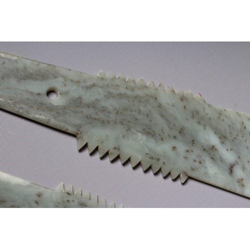 424 - TWO CHINESE CEREMONIAL NEPHRITE JADE BLADES, yazhang style, both with shaped tips, serrated blades t... 