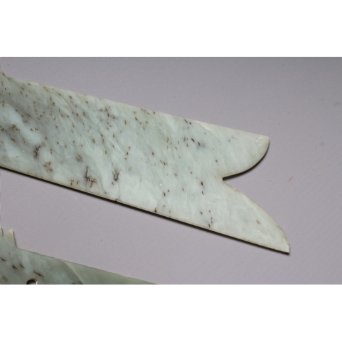 424 - TWO CHINESE CEREMONIAL NEPHRITE JADE BLADES, yazhang style, both with shaped tips, serrated blades t... 
