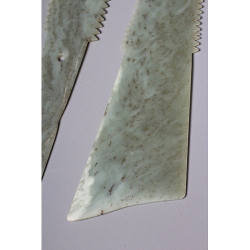 424 - TWO CHINESE CEREMONIAL NEPHRITE JADE BLADES, yazhang style, both with shaped tips, serrated blades t... 