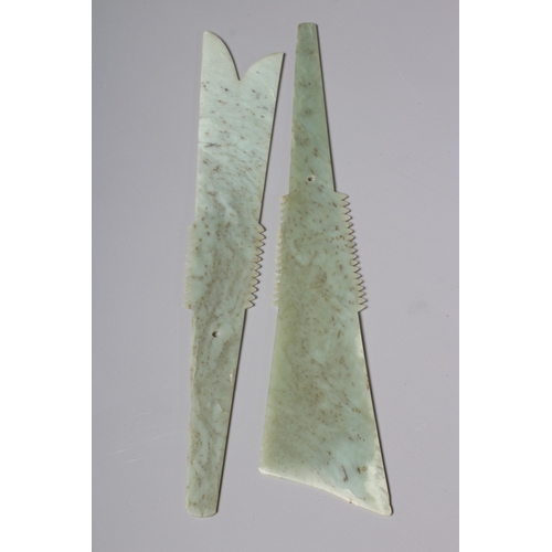 424 - TWO CHINESE CEREMONIAL NEPHRITE JADE BLADES, yazhang style, both with shaped tips, serrated blades t... 