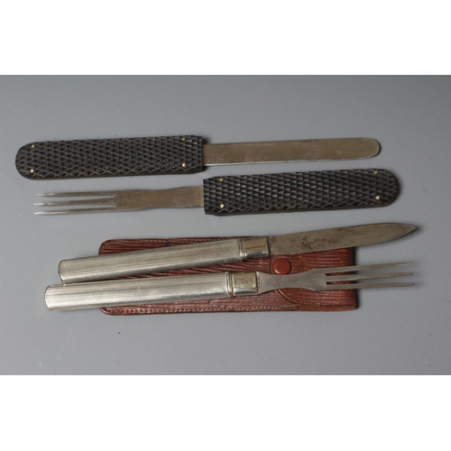 428 - A COLLECTION OF CAMPAIGN CUTLERY, comprising four pairs and one singular item with varied patents/fu... 