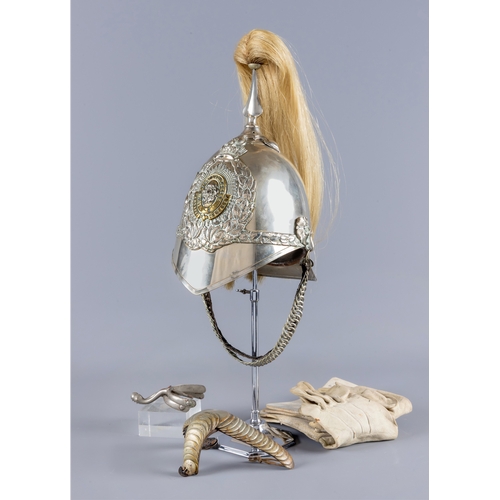 430 - A 1ST WEST YORKSHIRE YEOMANRY CAVALRY HELMET with white metal skull, brass central badge, tall plume... 