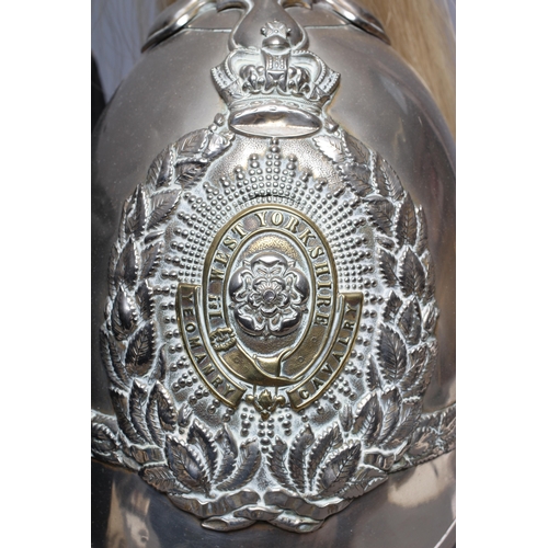 430 - A 1ST WEST YORKSHIRE YEOMANRY CAVALRY HELMET with white metal skull, brass central badge, tall plume... 