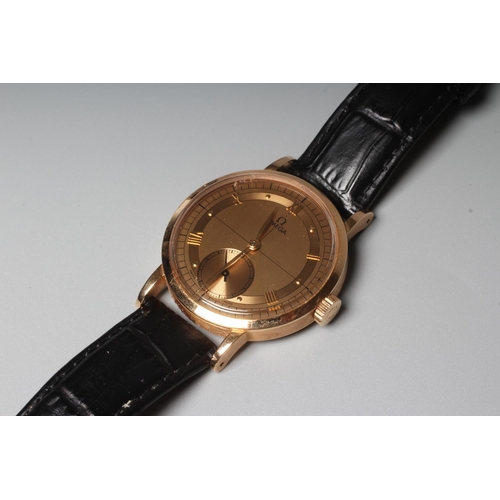 202 - A GENTLEMAN'S 18CT ROSE GOLD LIMITED EDITION OMEGA WRISTWATCH, the champagne cross hair dial with ap... 