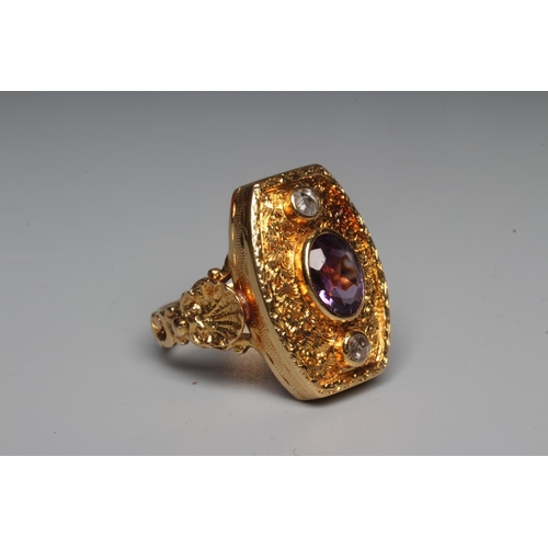 275 - AN AMETHYST AND DIAMOND 18CT GOLD RENAISSANCE REVIVAL STYLE DRESS RING, the oval facet cut amethyst ... 