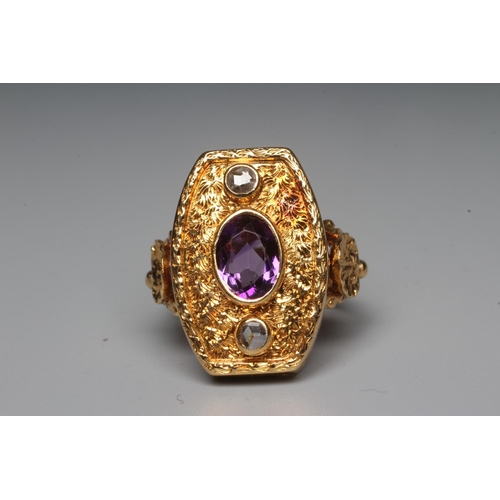 275 - AN AMETHYST AND DIAMOND 18CT GOLD RENAISSANCE REVIVAL STYLE DRESS RING, the oval facet cut amethyst ... 