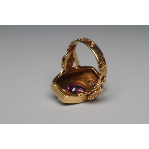 275 - AN AMETHYST AND DIAMOND 18CT GOLD RENAISSANCE REVIVAL STYLE DRESS RING, the oval facet cut amethyst ... 