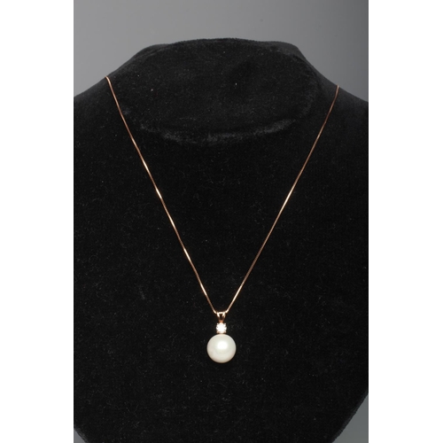 280 - A CULTURED PEARL PENDANT, the large pearl peg set to a claw set single stone diamond and open rose c... 