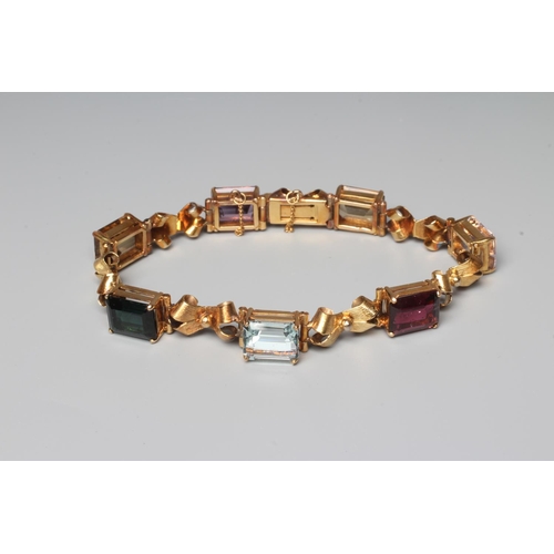 295 - A MULTI-GEM BRACELET claw set with seven square facet cut stones, comprising an amethyst, aquamarine... 