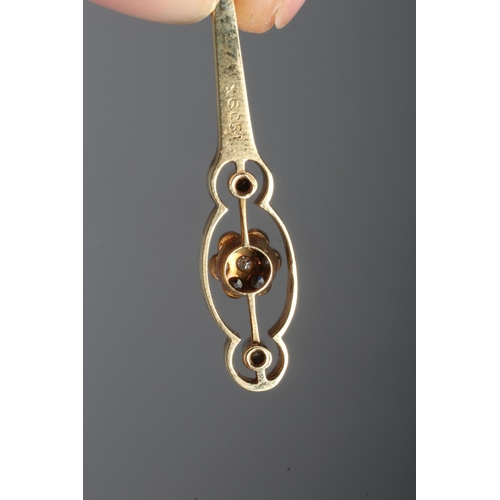 300 - AN ART DECO DIAMOND PENDANT, the flared open bar centred by a seven stone cluster with a further dia... 