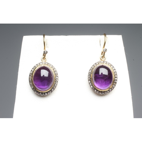 301 - A PAIR OF AMETHYST AND DIAMOND DROP EARRINGS, the oval cabochon polished amethysts open back collet ... 