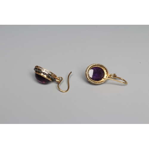 301 - A PAIR OF AMETHYST AND DIAMOND DROP EARRINGS, the oval cabochon polished amethysts open back collet ... 