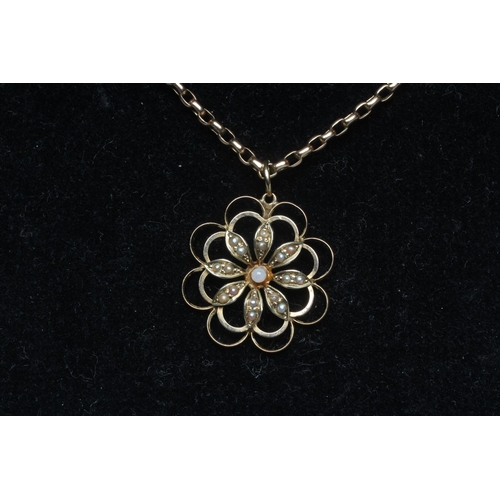 303 - A LATE VICTORIAN SEED PEARL FLOWERHEAD PENDANT, unmarked and hung on a belcher link chain necklace w... 