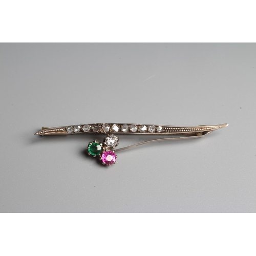 310 - A VICTORIAN MULTI-GEM SPRAY BROOCH, the trefoil head claw set with a ruby, emerald and diamond to a ... 