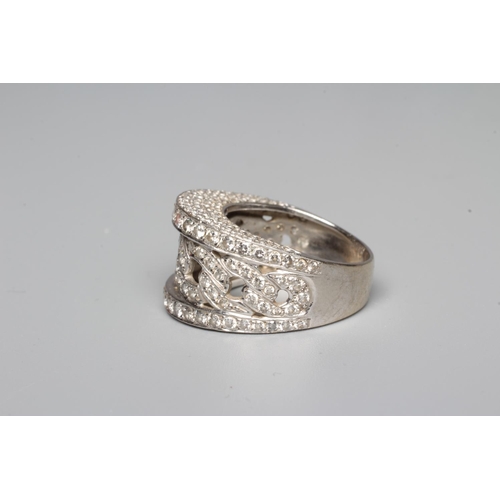 322 - A DIAMOND COCKTAIL RING, the central open rope twist graduated panel within deep borders, all pave s... 