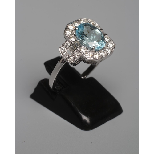 331 - AN ART DECO STYLE AQUAMARINE AND DIAMOND COCKTAIL RING, the oval facet cut aquamarine of approximate... 
