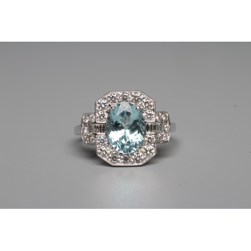 331 - AN ART DECO STYLE AQUAMARINE AND DIAMOND COCKTAIL RING, the oval facet cut aquamarine of approximate... 