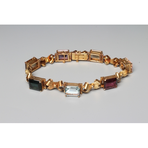295 - A MULTI-GEM BRACELET claw set with seven square facet cut stones, comprising an amethyst, aquamarine... 
