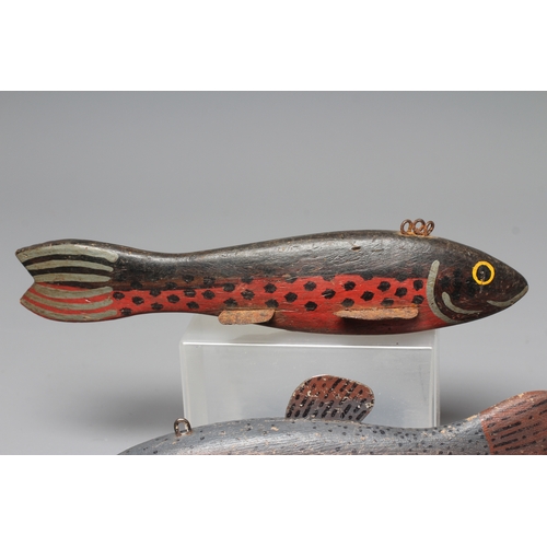 440 - TWO FOLK ART ICE FISHING LURES, comprising two carved and painted wood trout, with tin fins, metal l... 